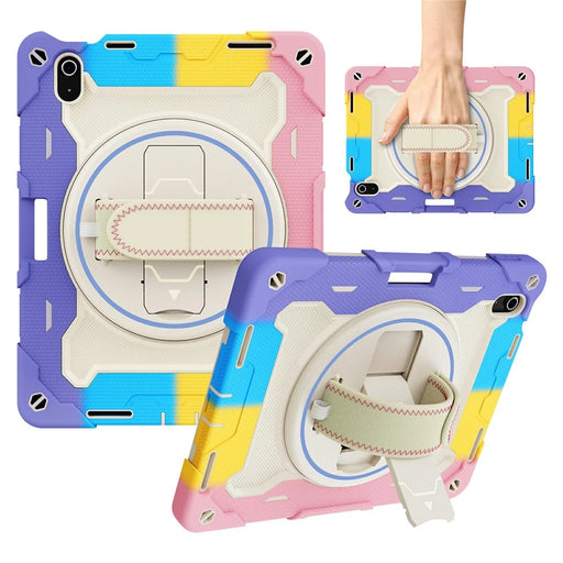 For iPad (2025) / iPad 10.9 (2022) Case Kickstand Hand Strap PC + Silicone Tablet Cover - Colorful Pink - 1