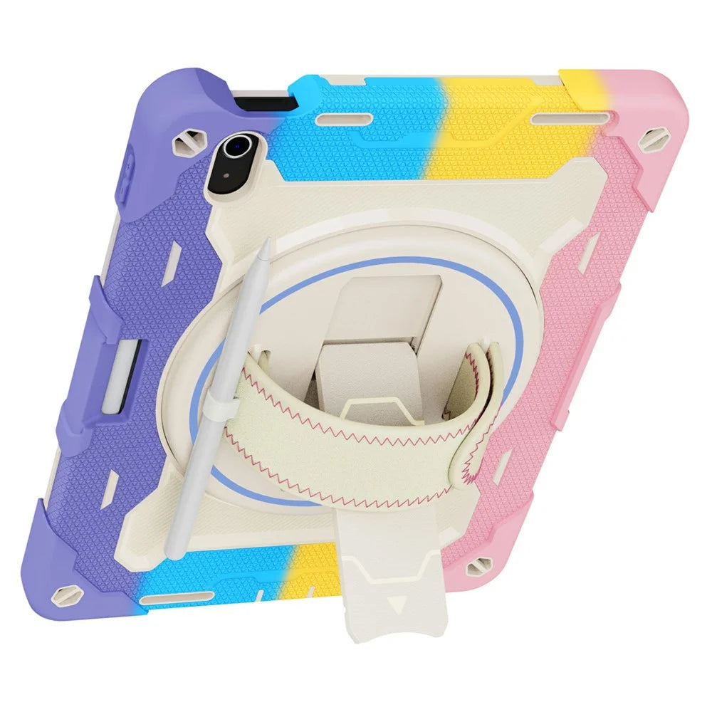 For iPad (2025) / iPad 10.9 (2022) Case Kickstand Hand Strap PC + Silicone Tablet Cover - Colorful Pink - 3