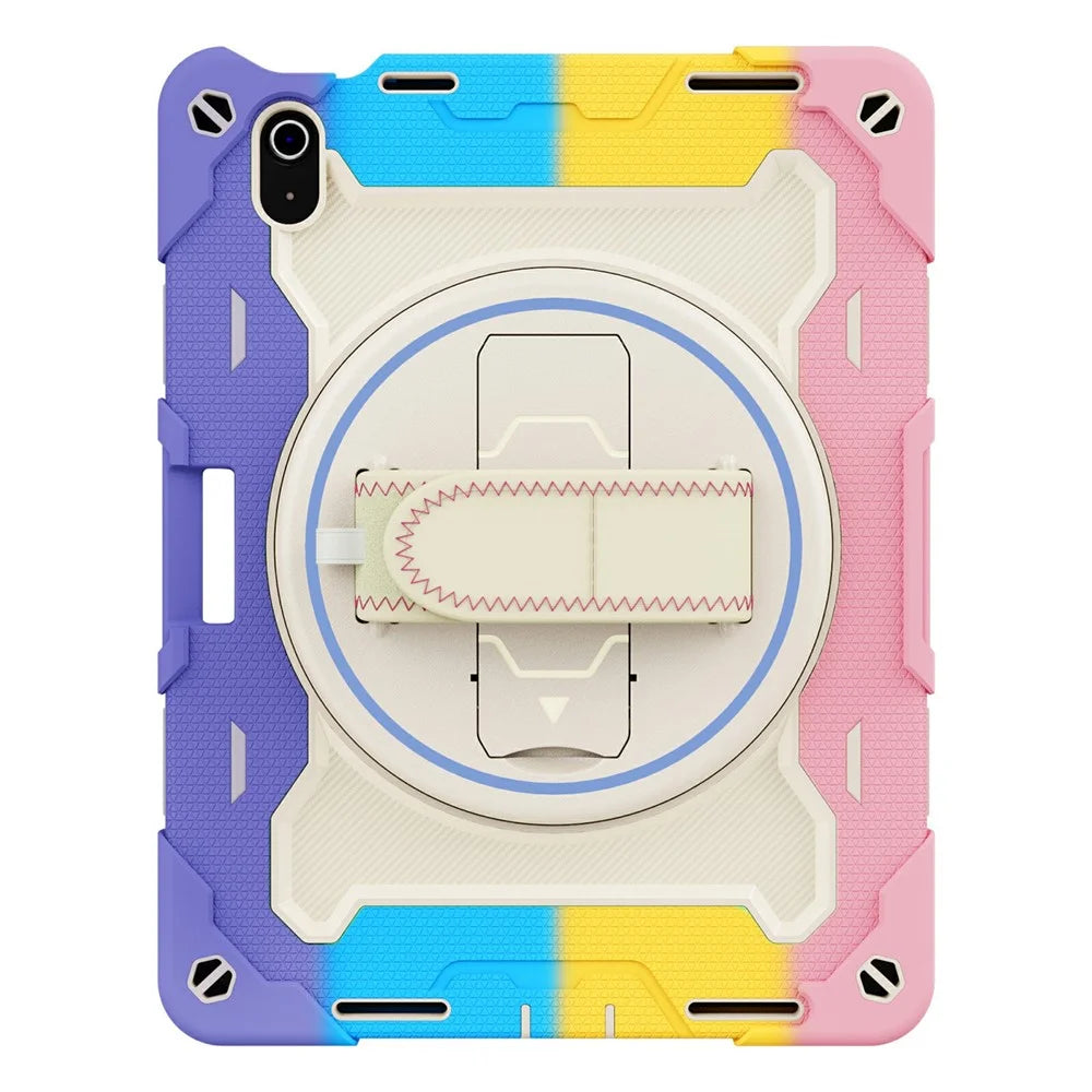 For iPad (2025) / iPad 10.9 (2022) Case Kickstand Hand Strap PC + Silicone Tablet Cover - Colorful Pink - 4
