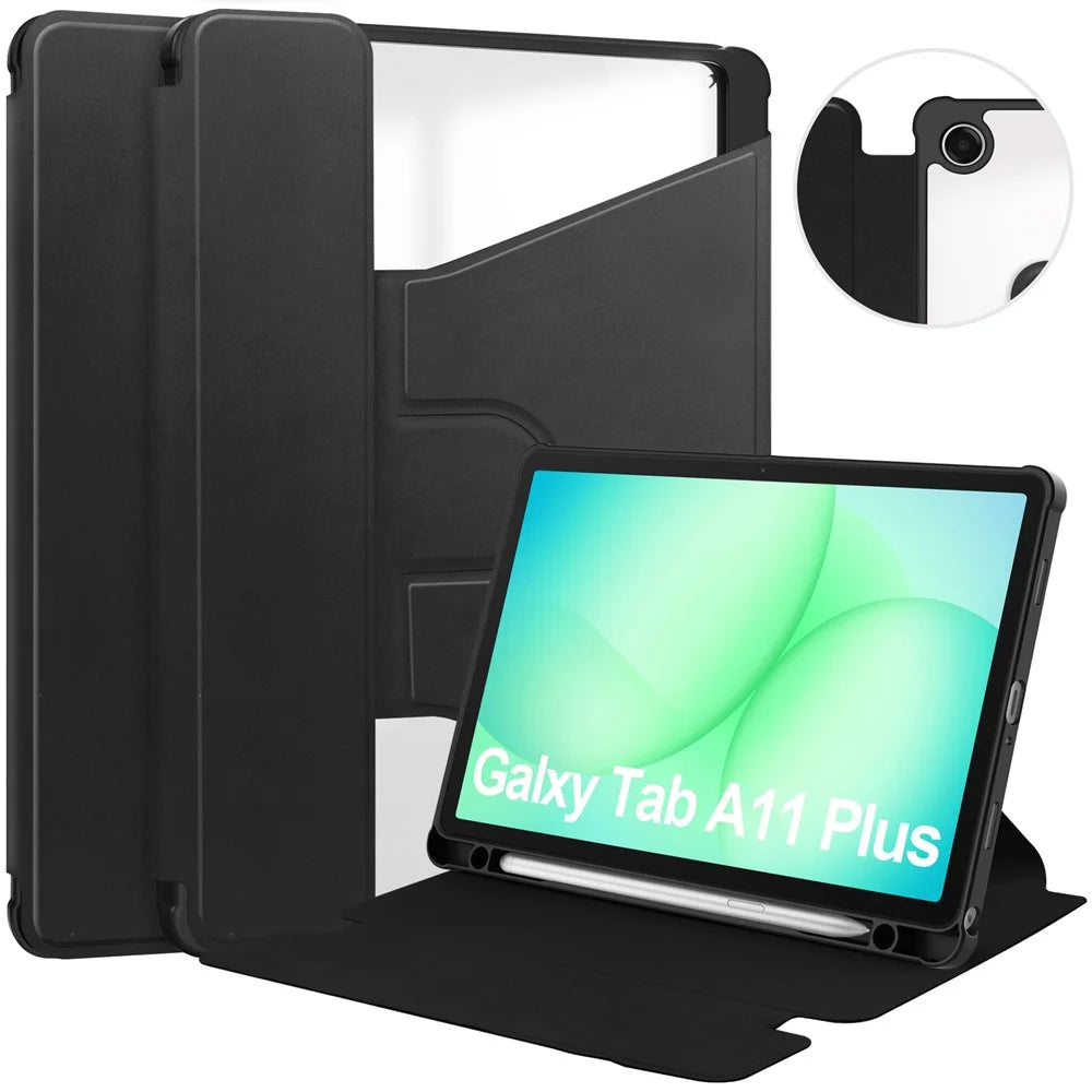For Samsung Galaxy Tab A11+ Case 360° Rotary Stand PU Leather+Acrylic Tablet Cover (Without Keyboard) - Black - 1