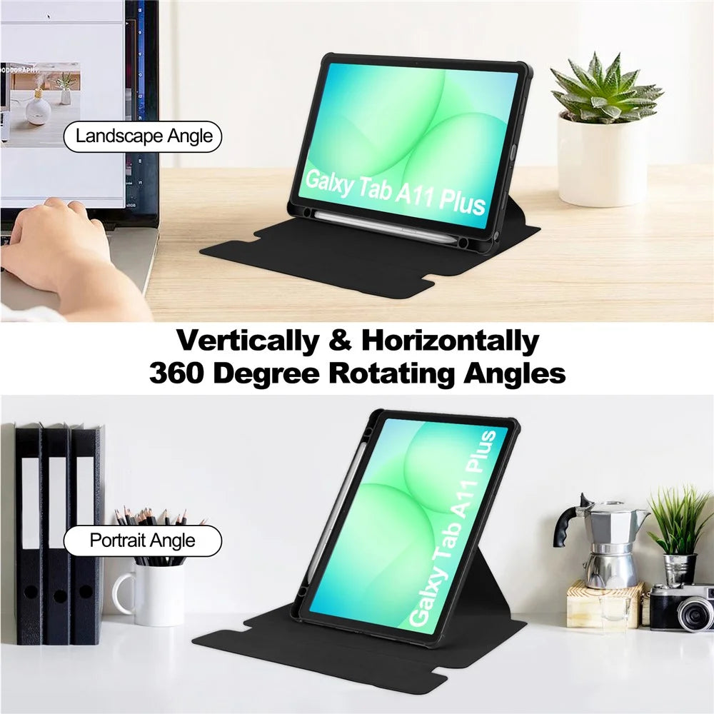 For Samsung Galaxy Tab A11+ Case 360° Rotary Stand PU Leather+Acrylic Tablet Cover (Without Keyboard) - Black - 2