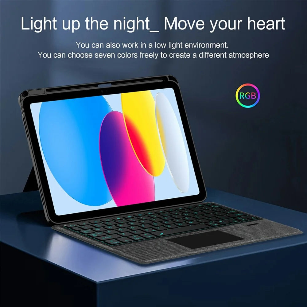 For iPad (2025) / iPad 10.9 (2022) Leather Case + Bluetooth-Compatible Keyboard with Backlight Trackpad - 7