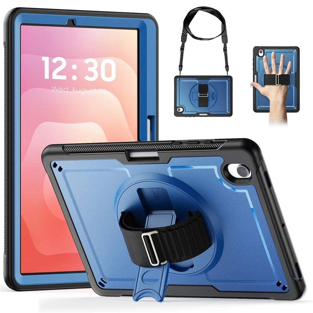For Samsung Galaxy Tab S11 Case Hand Band Kickstand PC + TPU Tablet Cover with Shoulder Strap and Pencil Holder - Navy Blue - 1