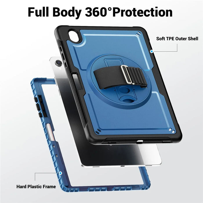 For Samsung Galaxy Tab S11 Case Hand Band Kickstand PC + TPU Tablet Cover with Shoulder Strap and Pencil Holder - Navy Blue - 3