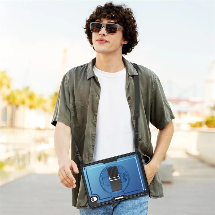 For Samsung Galaxy Tab S11 Case Hand Band Kickstand PC + TPU Tablet Cover with Shoulder Strap and Pencil Holder - Navy Blue - 6