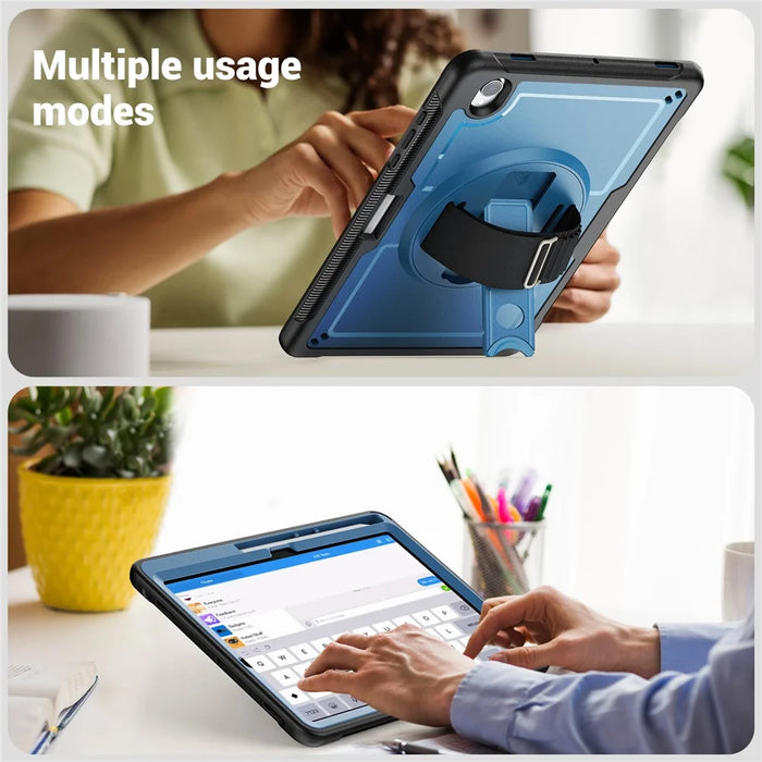 For Samsung Galaxy Tab S11 Case Hand Band Kickstand PC + TPU Tablet Cover with Shoulder Strap and Pencil Holder - Navy Blue - 7