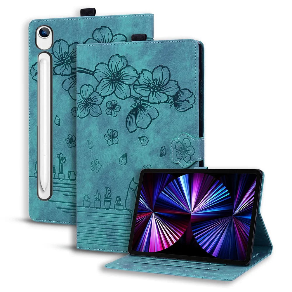 Tablet Case For Samsung Galaxy Tab S10 Lite  /  Tab S10 FE  /  Tab S9 FE Card Slots Leather Tablet Stand Folio Cover Flower Cat   - Green - 1