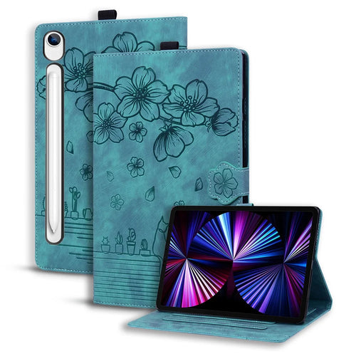Tablet Case For Samsung Galaxy Tab S10 Lite  /  Tab S10 FE  /  Tab S9 FE Card Slots Leather Tablet Stand Folio Cover Flower Cat   - Green - 1