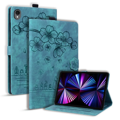For Samsung Galaxy Tab S11 Case Card Slots Leather Tablet Stand Folio Cover Flower Cat - Green - 1