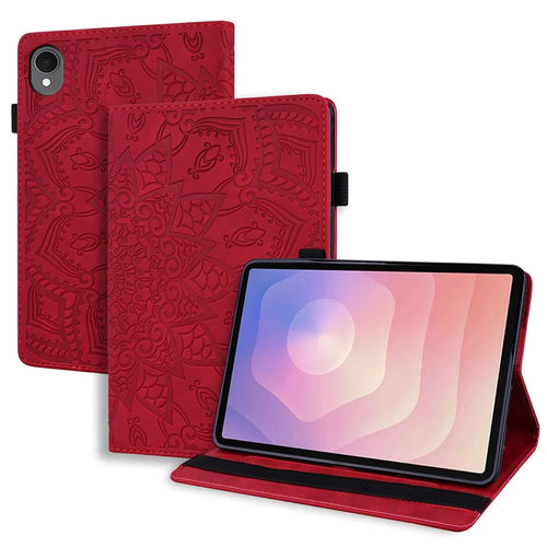 For Samsung Galaxy Tab S11 Tablet Case Card Slots Leather Cover Flower Pattern - Red - 1