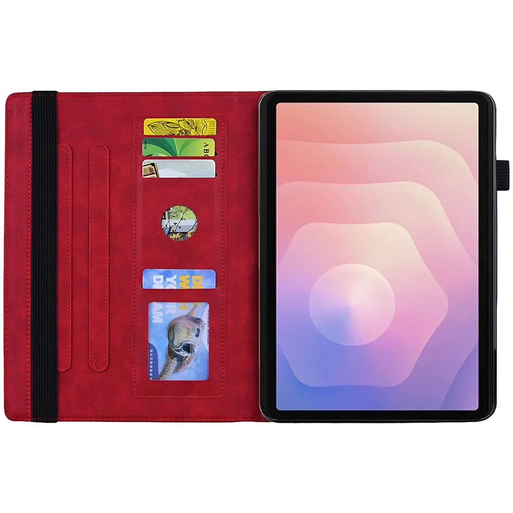 For Samsung Galaxy Tab S11 Tablet Case Card Slots Leather Cover Flower Pattern - Red - 2