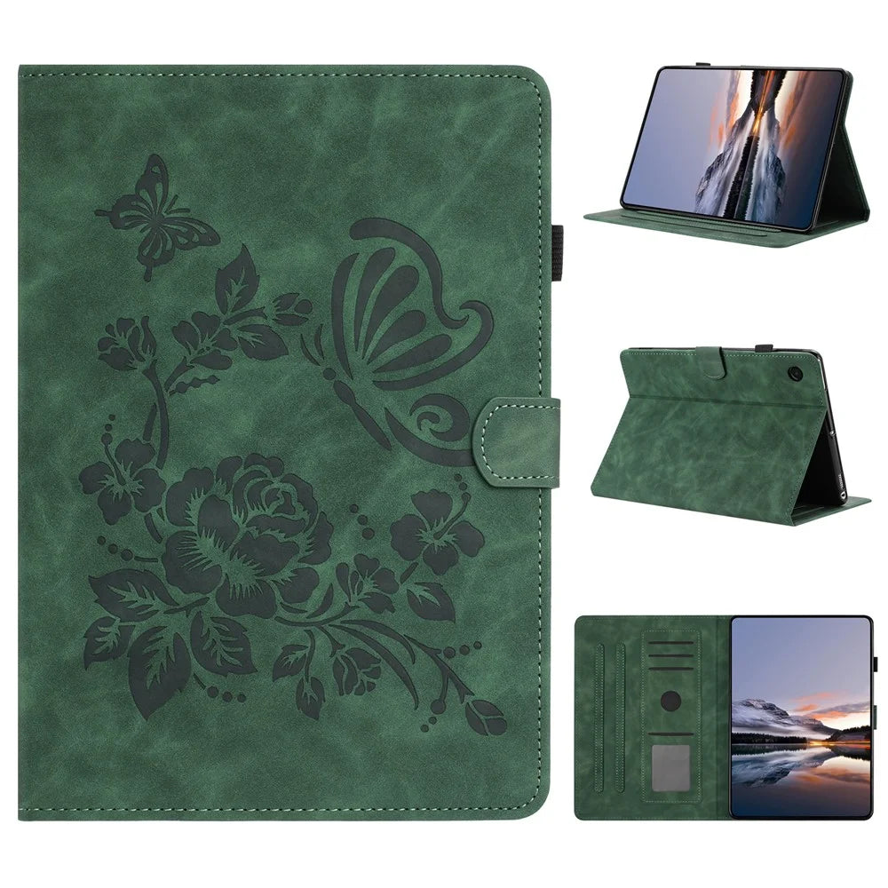 For Samsung Galaxy Tab A11 / A9 Case Card Holder Stand Butterfly Floral Imprinted Leather Tablet Cover - Green - 1