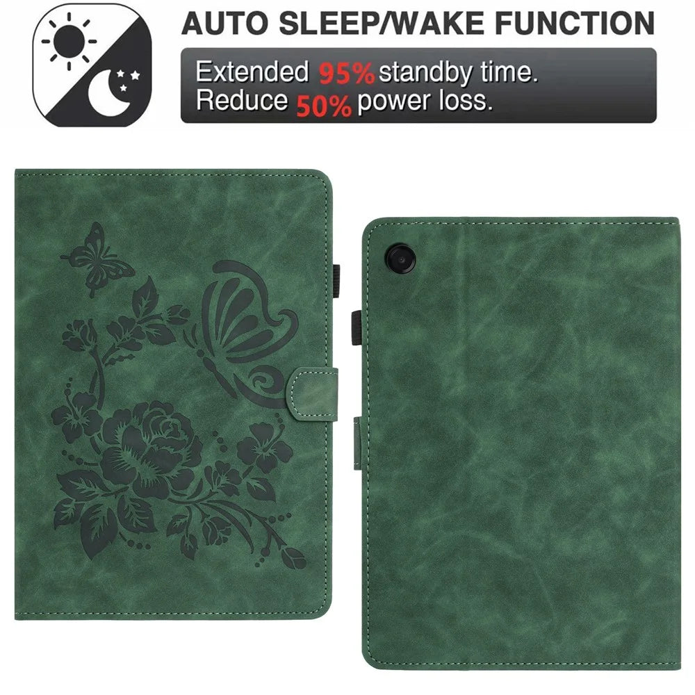 For Samsung Galaxy Tab A11 / A9 Case Card Holder Stand Butterfly Floral Imprinted Leather Tablet Cover - Green - 5