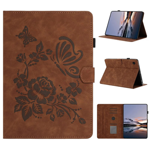 For Samsung Galaxy Tab A11+ / A9+ Case Card Holder Stand Butterfly Floral Imprinted Leather Tablet Cover - Brown - 1