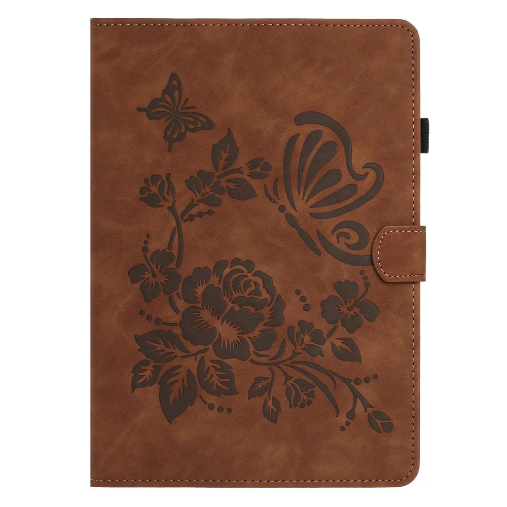 For Samsung Galaxy Tab A11+ / A9+ Case Card Holder Stand Butterfly Floral Imprinted Leather Tablet Cover - Brown - 7