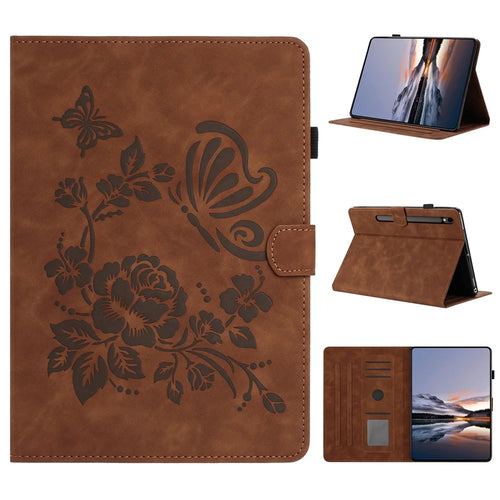 Tablet Case For Samsung Galaxy Tab S10 Lite / S10 FE / S9 FE / S9 Card Holder Stand Butterfly Floral Imprinted Leather Cover - Brown - 1