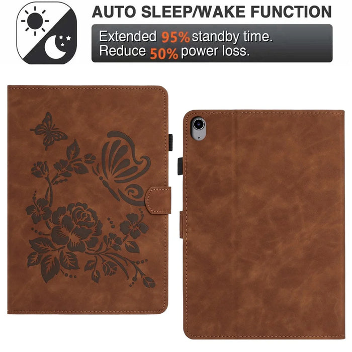 For iPad mini (2024) / (2021) Case Card Holder Stand Butterfly Floral Imprinted Leather Tablet Cover - Brown - 5