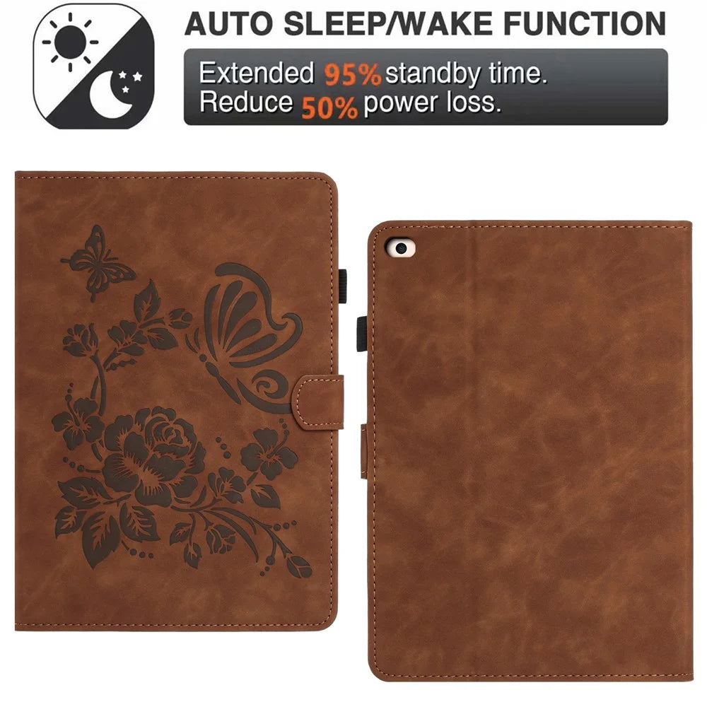 Tablet Case For iPad 9.7-inch (2018) / (2017) / Air 2 / Air (2013) Card Holder Stand Butterfly Floral Imprinted Leather Cover - Brown - 5