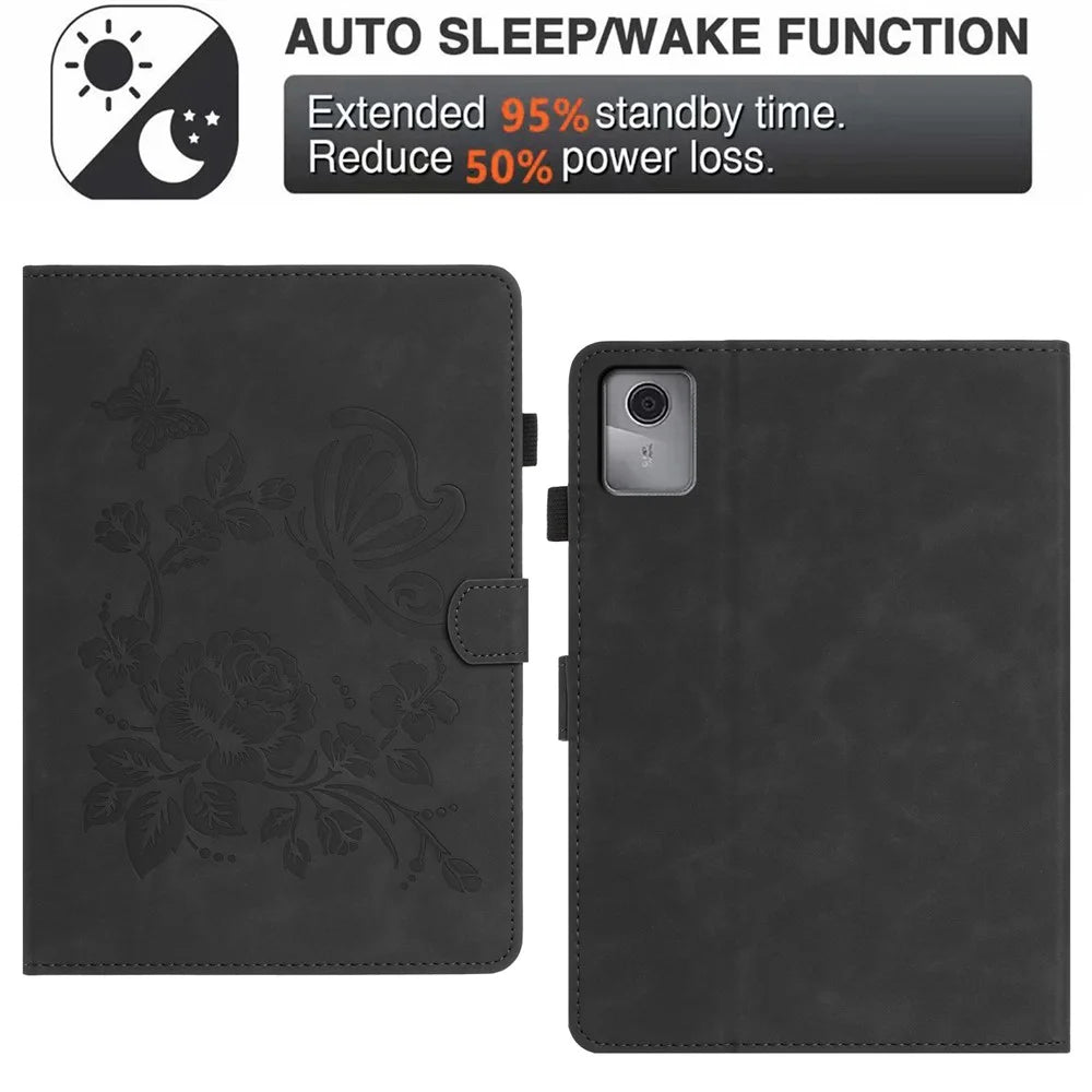 For Lenovo Tab M11 / Xiaoxin Pad 11 2024 Case Card Holder Stand Butterfly Floral Imprinted Leather Tablet Cover - Black - 5
