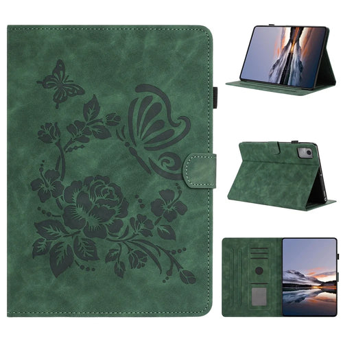 For Lenovo Xiaoxin Pad 11 2025 Case Card Holder Stand Butterfly Floral Imprinted Leather Tablet Cover - Green - 1