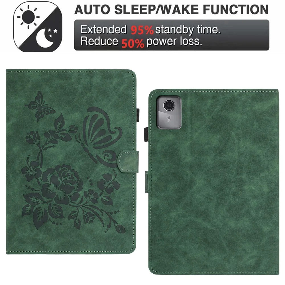For Lenovo Xiaoxin Pad 11 2025 Case Card Holder Stand Butterfly Floral Imprinted Leather Tablet Cover - Green - 5