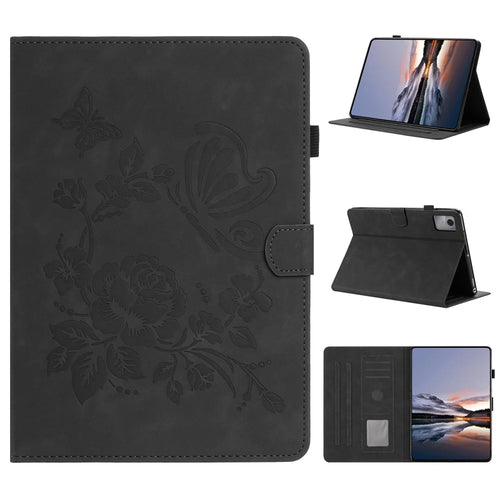 For Lenovo Xiaoxin Pad 12.1 (2025) Case Card Holder Stand Butterfly Floral Imprinted Leather Tablet Cover - Black - 1