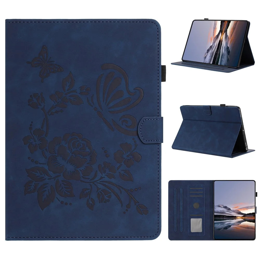 For Amazon Kindle 11th (2024) / 6" (2022) Case Card Holder Stand Butterfly Floral Imprinted Leather Tablet Cover - Blue - 1