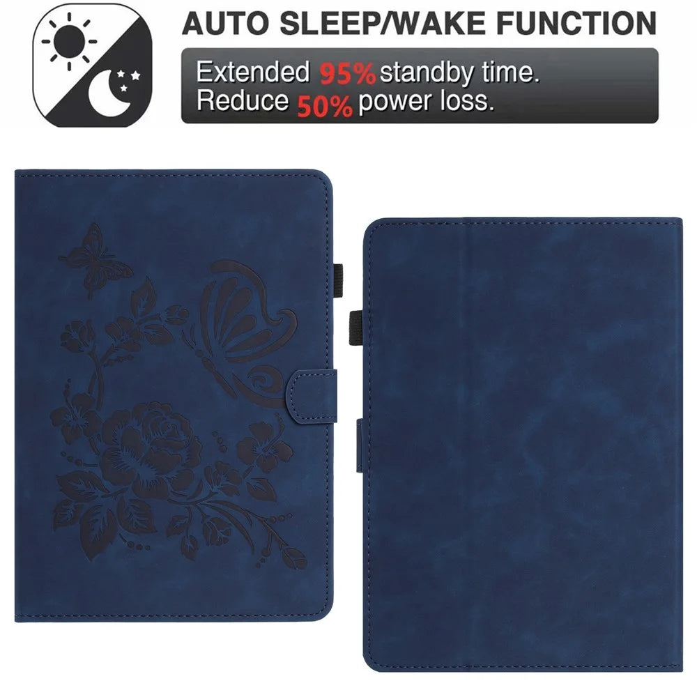 For Amazon Kindle 11th (2024) / 6" (2022) Case Card Holder Stand Butterfly Floral Imprinted Leather Tablet Cover - Blue - 5