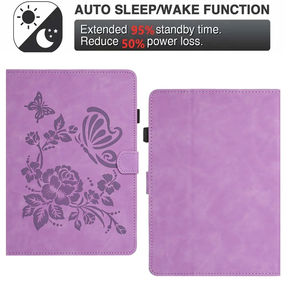 For Amazon Kindle Paperwhite (2024) Case Card Holder Stand Butterfly Floral Imprinted Leather Tablet Cover - Light Purple - 5