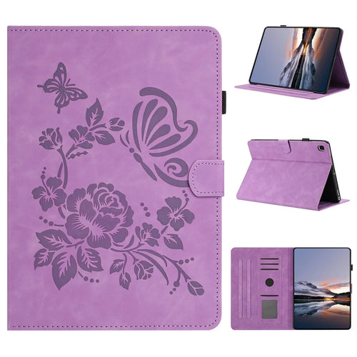 For Samsung Galaxy Tab A7 Lite 8.7-inch Case Card Holder Stand Butterfly Floral Imprinted Leather Tablet Cover - Light Purple - 1
