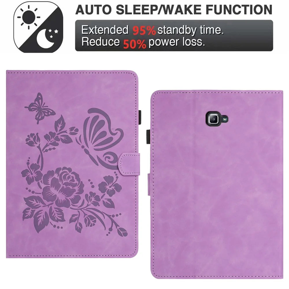 For Samsung Galaxy Tab A 10.1 (2016) Case Card Holder Stand Butterfly Floral Imprinted Leather Tablet Cover - Light Purple - 5