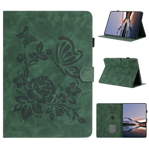For Samsung Galaxy Tab A7 10.4 (2020) Case Card Holder Stand Butterfly Floral Imprinted Leather Tablet Cover - Green - 1