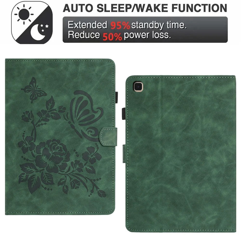 For Samsung Galaxy Tab A7 10.4 (2020) Case Card Holder Stand Butterfly Floral Imprinted Leather Tablet Cover - Green - 5