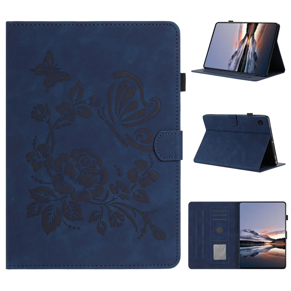 For Samsung Galaxy Tab A8 10.5 (2021) Case Card Holder Stand Butterfly Floral Imprinted Leather Tablet Cover - Blue - 1