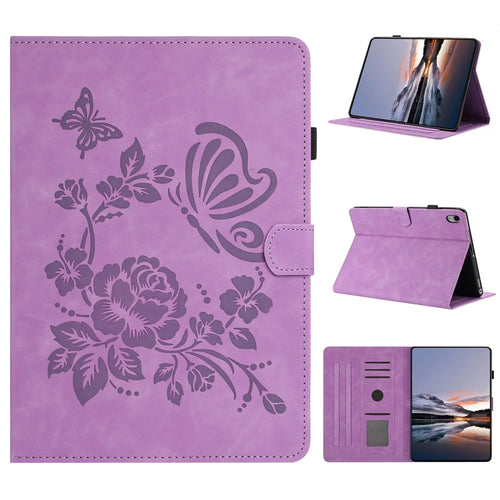 For Samsung Galaxy Tab S11 Case Card Holder Stand Butterfly Floral Imprinted Leather Tablet Cover - Light Purple - 1