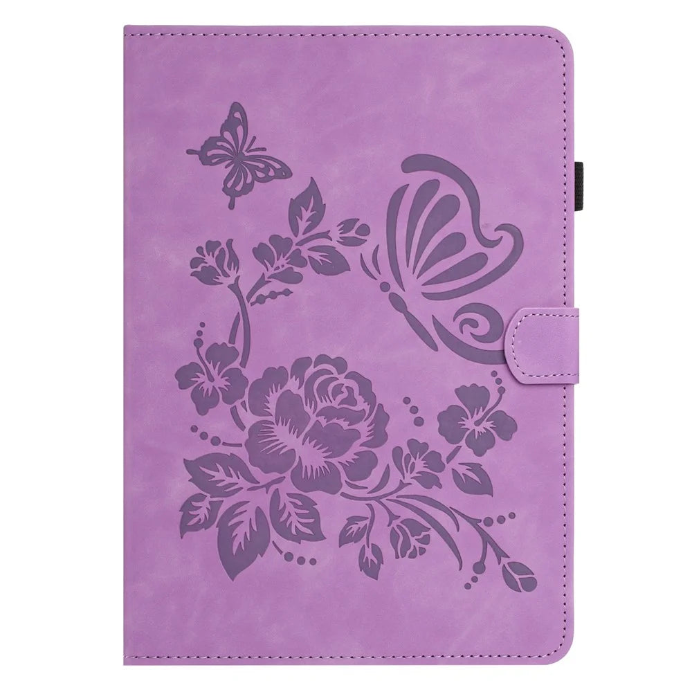 For Samsung Galaxy Tab S11 Case Card Holder Stand Butterfly Floral Imprinted Leather Tablet Cover - Light Purple - 7