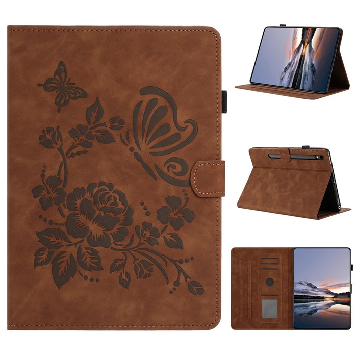 For Samsung Galaxy Tab S10 FE+ Case Card Holder Stand Butterfly Floral Imprinted Leather Tablet Cover - Brown - 1