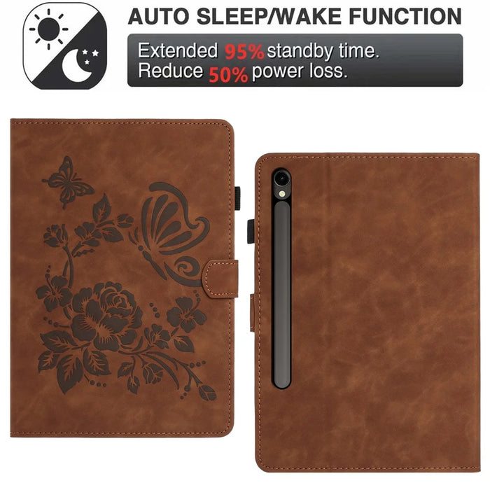 For Samsung Galaxy Tab S10 FE+ Case Card Holder Stand Butterfly Floral Imprinted Leather Tablet Cover - Brown - 5
