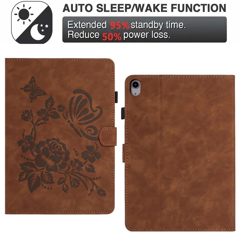 Tablet Case For iPad Air 11 (2026) / (2025) / (2024) / Air (2022) / (2020) Card Holder Stand Butterfly Floral Imprinted Leather Cover - Brown - 5