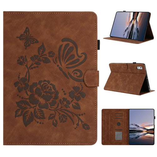 For Lenovo Tab M9 TB-310FU Case Card Holder Stand Butterfly Floral Imprinted Leather Tablet Cover - Brown - 1