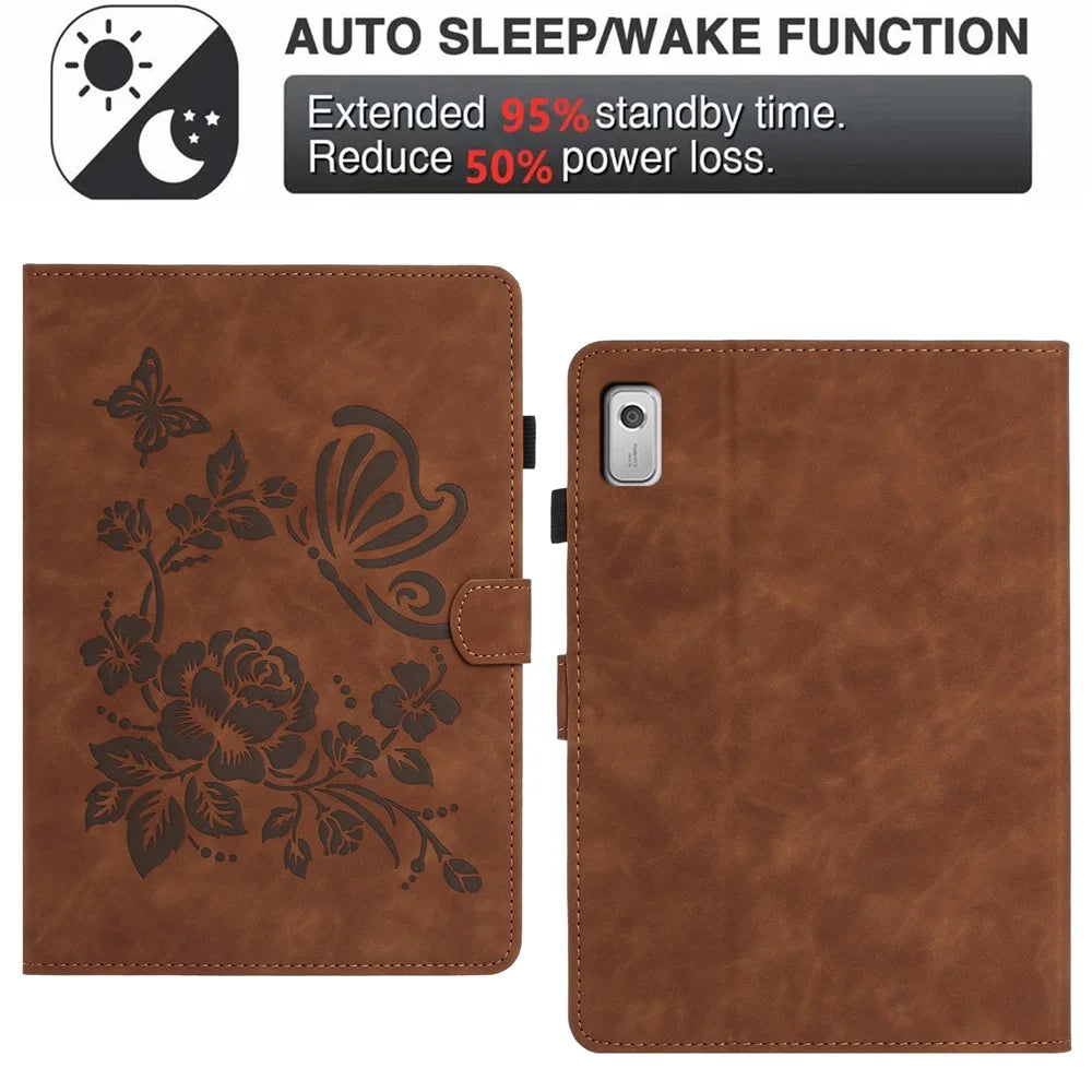 For Lenovo Tab M9 TB-310FU Case Card Holder Stand Butterfly Floral Imprinted Leather Tablet Cover - Brown - 5