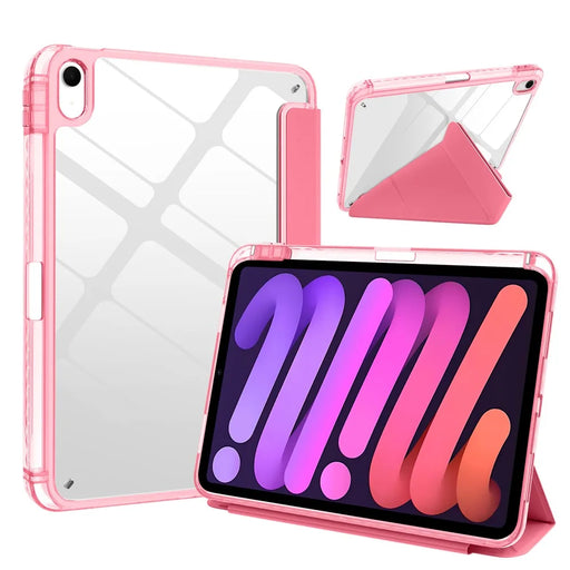 For iPad (2025) / iPad 10.9 (2022) Case Magnetic Closure Origami Stand Transparent Leather + TPU + Clear Acrylic Back Cover - Rose - 1