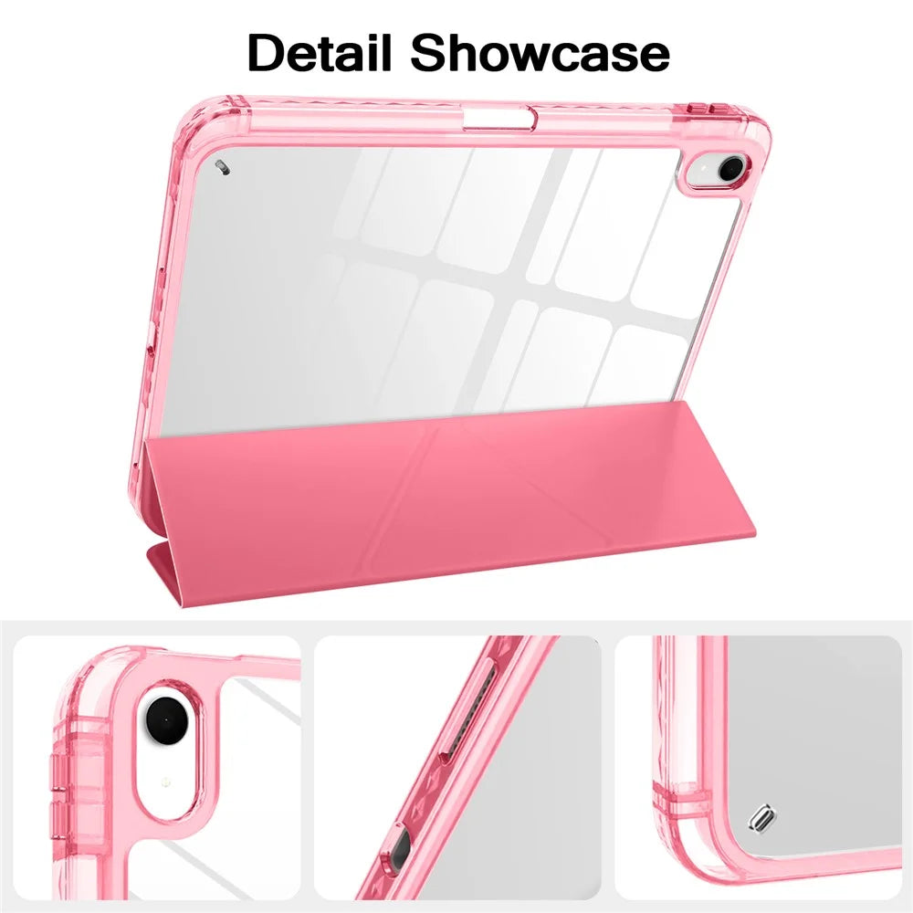 For iPad (2025) / iPad 10.9 (2022) Case Magnetic Closure Origami Stand Transparent Leather + TPU + Clear Acrylic Back Cover - Rose - 4