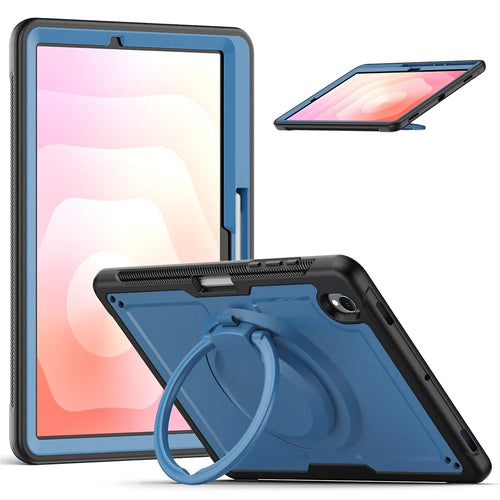 For Samsung Galaxy Tab S11 Case Rotating Kickstand PC + TPU Shockproof Tablet Cover with Shoulder Strap - Navy Blue - 1