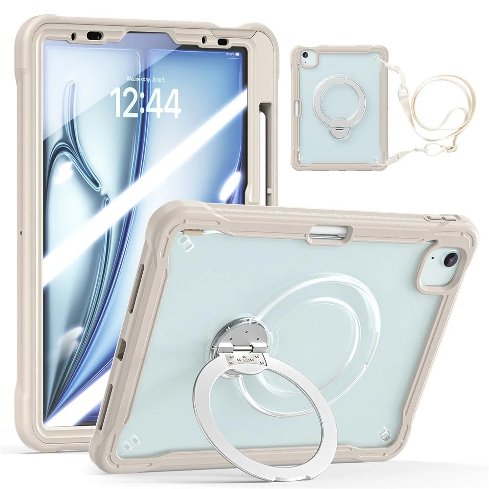 For iPad Air 11 (2026) / (2025) / (2024)  /  Air (2022)  /  (2020)  /  iPad Pro 11 (2022)  /  (2021)  /  (2020)  /  (2018) Case PC + TPU Tablet Cover with Kickstand  /  Shoulder Strap - Khaki - 1