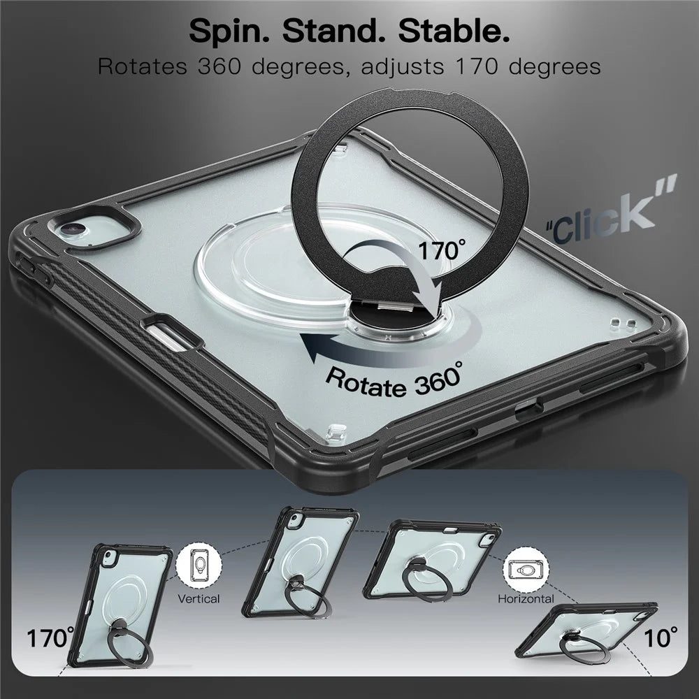 Kickstand Case for iPad Air 11 (2026) / (2025) / (2024) / Air (2022) / (2020) / iPad Pro 11 (2022) / (2021) / (2020) / (2018) Drop Protection TPU + PC Tablet Cover with 9H Screen Film / Pencil Slot - Black - 3