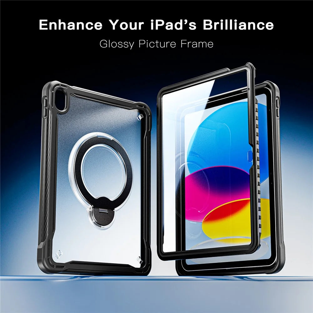 Kickstand Case for iPad (2025) / iPad 10.9 (2022) Drop Protection TPU + PC Tablet Cover with 9H Screen Film - Black - 6