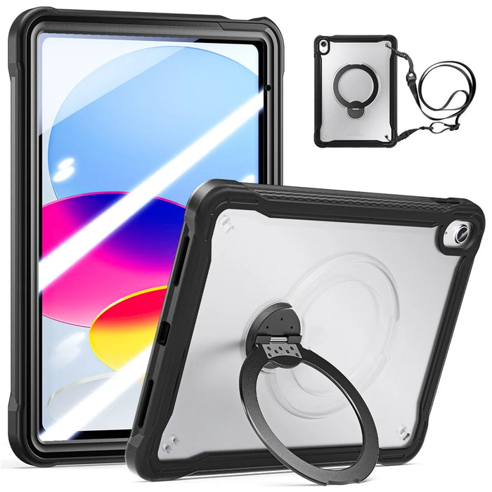 For iPad 10.9 (2022)  /  iPad (2025) Case PC + TPU Tablet Cover with Kickstand  /  Shoulder Strap - Black - 1