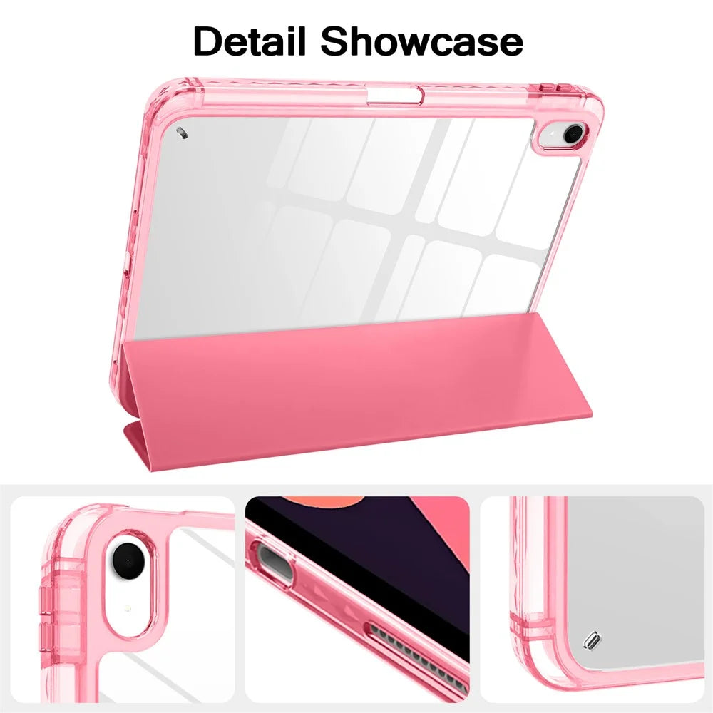 Tri-Fold Stand Case for iPad (2025) / iPad 10.9 (2022) PU + TPU + Clear Acrylic Back Tablet Cover Magnetic Closure - Rose - 2