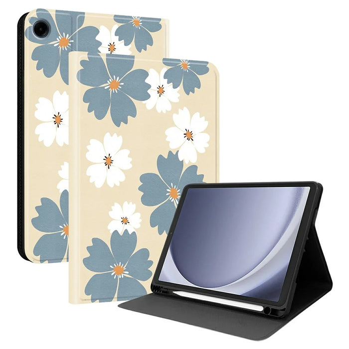 PU Leather Case For Samsung Galaxy Tab A11  /  Tab A9 Pattern Print Tablet Cover Stand with Pen Slot (Stylus Not Included)  - Blue Daisies - 1